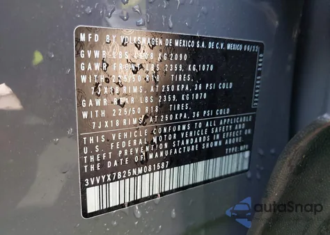 2022 Volkswagen Taos 1.5T Se из США, поврежденный, VIN 3VVYX7B25NM081587